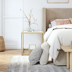 Sidobord med glasbordsskiva och metallram i guld, kvadratisk design 56 x 56 x 56,5 cm