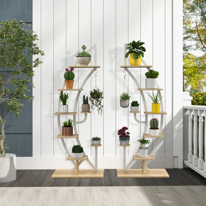 Halvmåneformad metallväxthållare med 8 hyllor och krok, vit