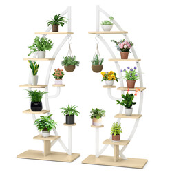 Halvmåneformad metallväxthållare med 8 hyllor och krok, vit