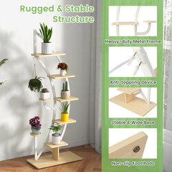 Halvmåneformad metallväxthållare med 8 hyllor och krok, vit