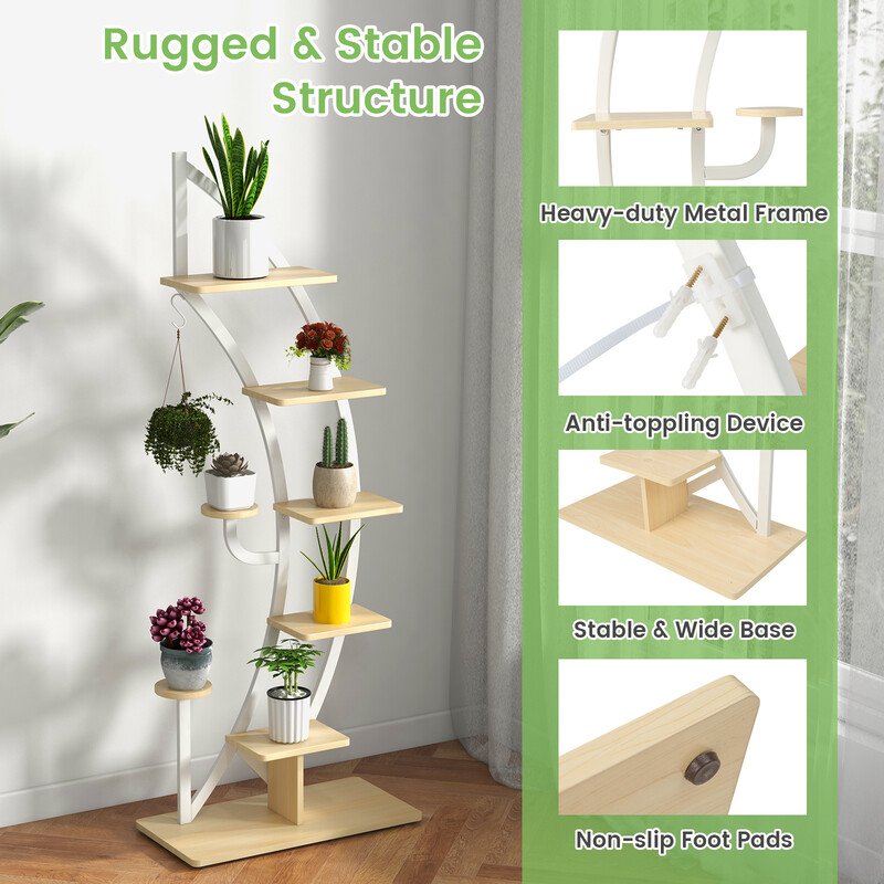 Halvmåneformad metallväxthållare med 8 hyllor och krok, vit