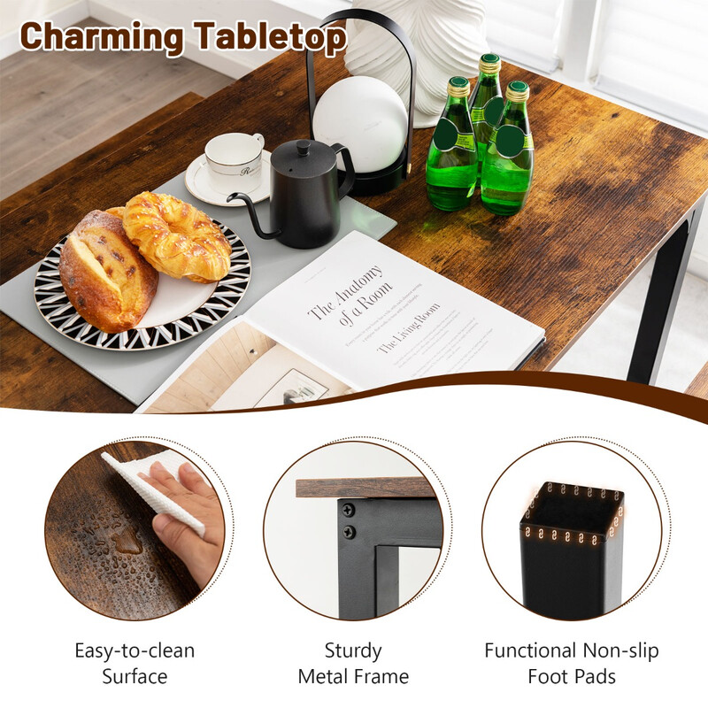 Matgrupp med 2 bänkar för 4 personer, kaffefärgad och svart, platsbesparande design