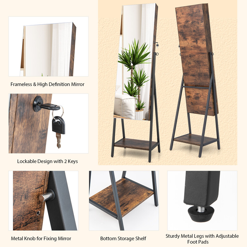 Smyckeskåp med spegel och LED-belysning i rustik brunt för smart förvaring