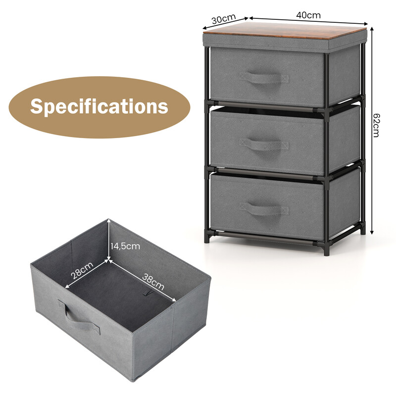 Nattduksbord med tygklädda lådor och metallram i grått 40 x 30 x 62 cm