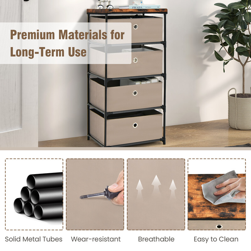 Brun byrå med 4 lådor i fibertextil och metall för sovrum 42 x 33,5 x 84,5 cm