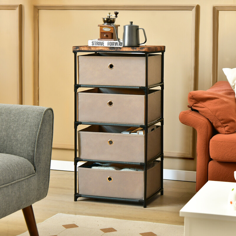 Brun byrå med 4 lådor i fibertextil och metall för sovrum 42 x 33,5 x 84,5 cm