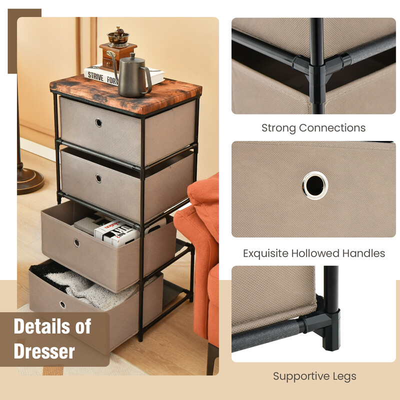 Brun byrå med 4 lådor i fibertextil och metall för sovrum 42 x 33,5 x 84,5 cm