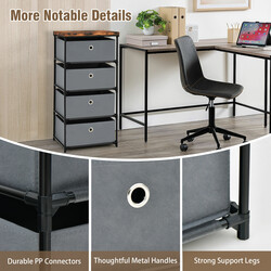 Grå nattduksbord med 4 lådor för sovrum, kompakt förvaringslösning i fibertyg och metall