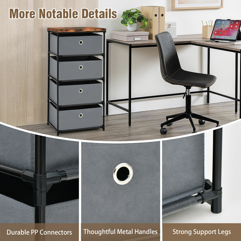 Grå nattduksbord med 4 lådor för sovrum, kompakt förvaringslösning i fibertyg och metall