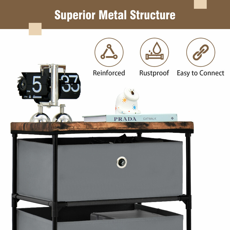 Grå nattduksbord med 4 lådor för sovrum, kompakt förvaringslösning i fibertyg och metall