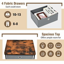 Grå nattduksbord med 4 lådor för sovrum, kompakt förvaringslösning i fibertyg och metall