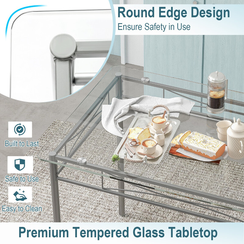 Matgrupp i glas med 4 stolar och metallram för modern stil och funktionalitet