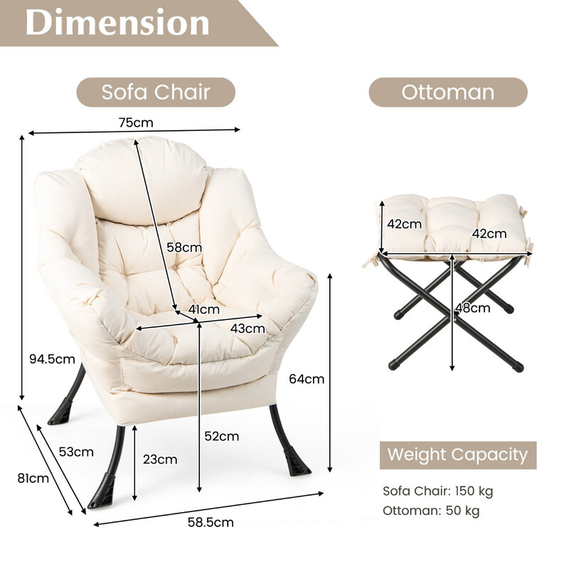 Fåtölj med fotpall och armstöd samt sidoficka och fotstöd i beige