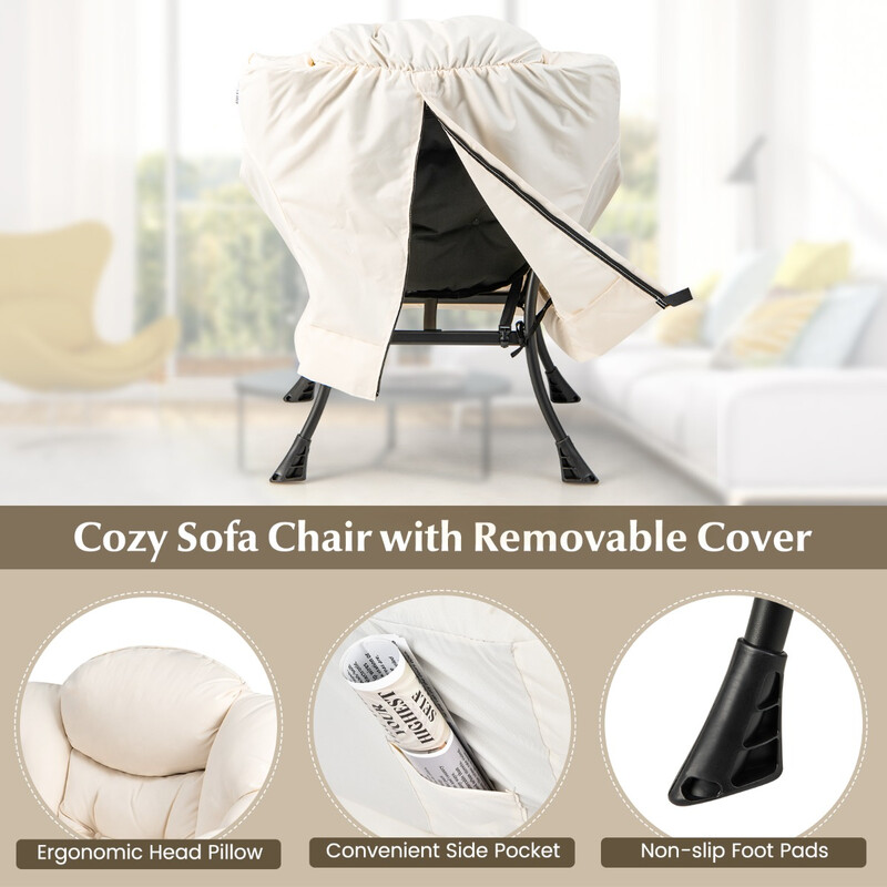 Fåtölj med fotpall och armstöd samt sidoficka och fotstöd i beige