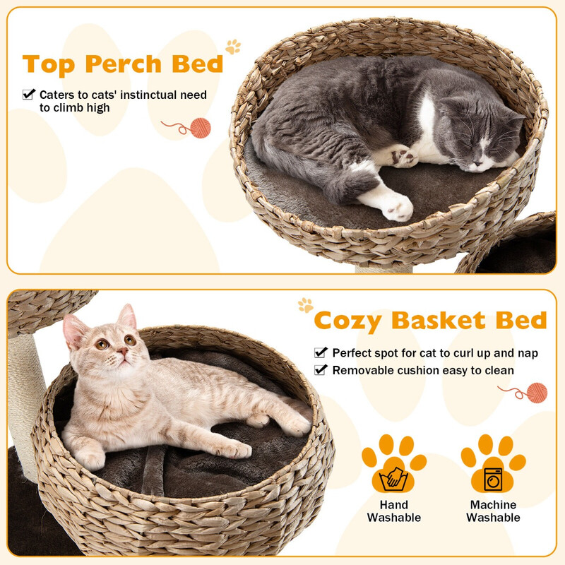 Kattklätterträd i trä med sängar, leksaksboll och sisalomslutna stolpar