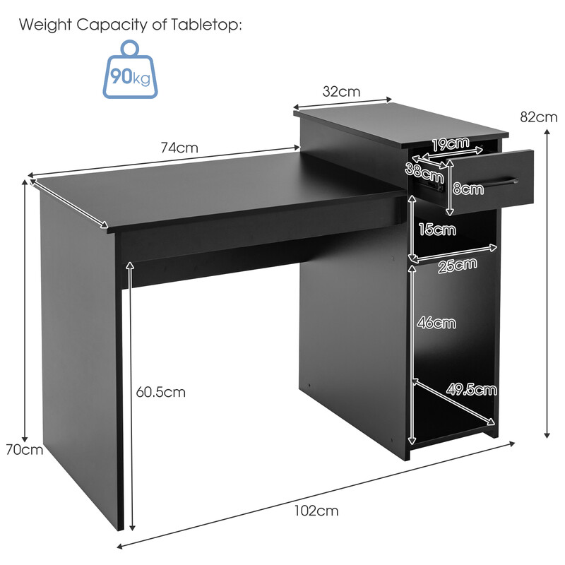 Skrivbord i trä med låda och hyllor, svart, 102 x 50 x 82 cm