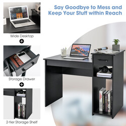 Skrivbord i trä med låda och hyllor, svart, 102 x 50 x 82 cm