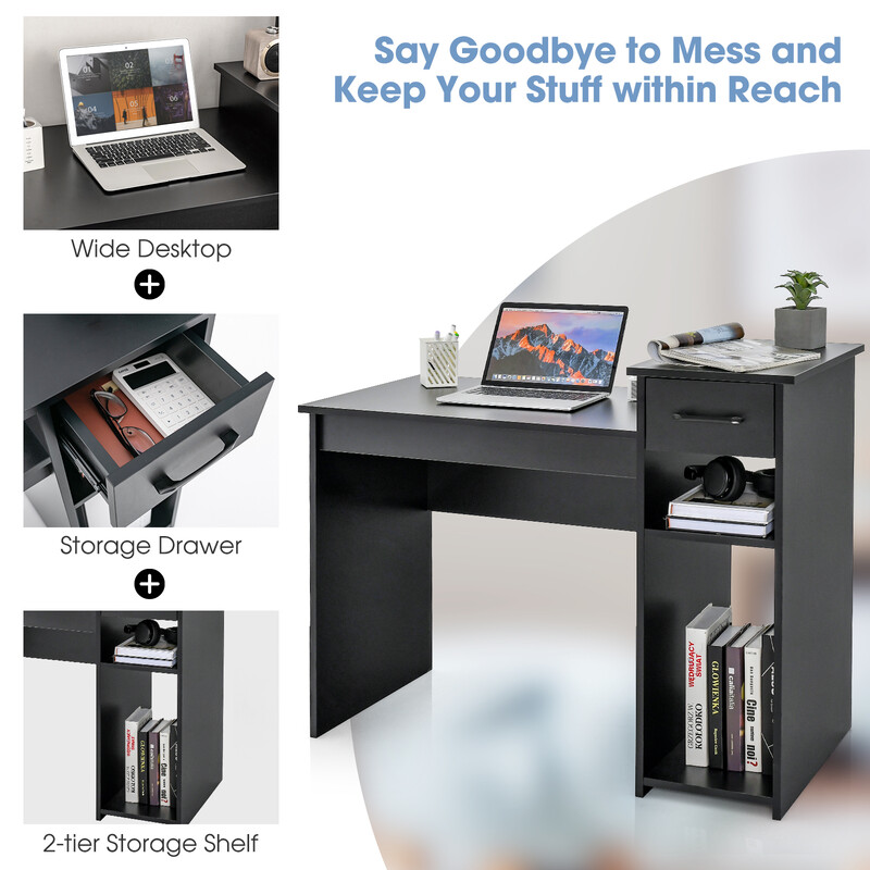 Skrivbord i trä med låda och hyllor, svart, 102 x 50 x 82 cm