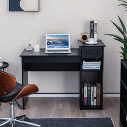 Skrivbord i trä med låda och hyllor, svart, 102 x 50 x 82 cm