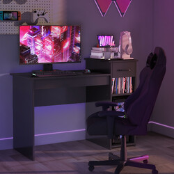 Skrivbord i trä med låda och hyllor, svart, 102 x 50 x 82 cm