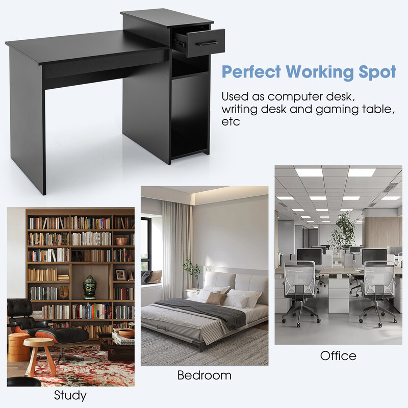 Skrivbord i trä med låda och hyllor, svart, 102 x 50 x 82 cm