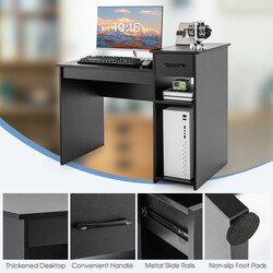 Skrivbord i trä med låda och hyllor, svart, 102 x 50 x 82 cm