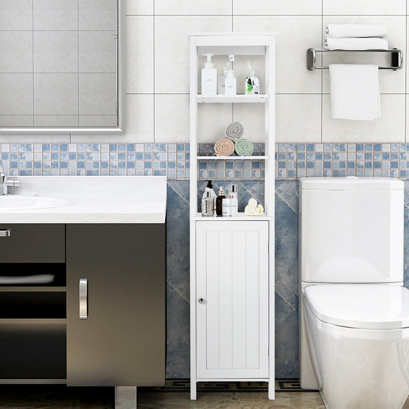 Vit smal högskåp med 5 hyllor och 3-positioners förvaring för hemmet