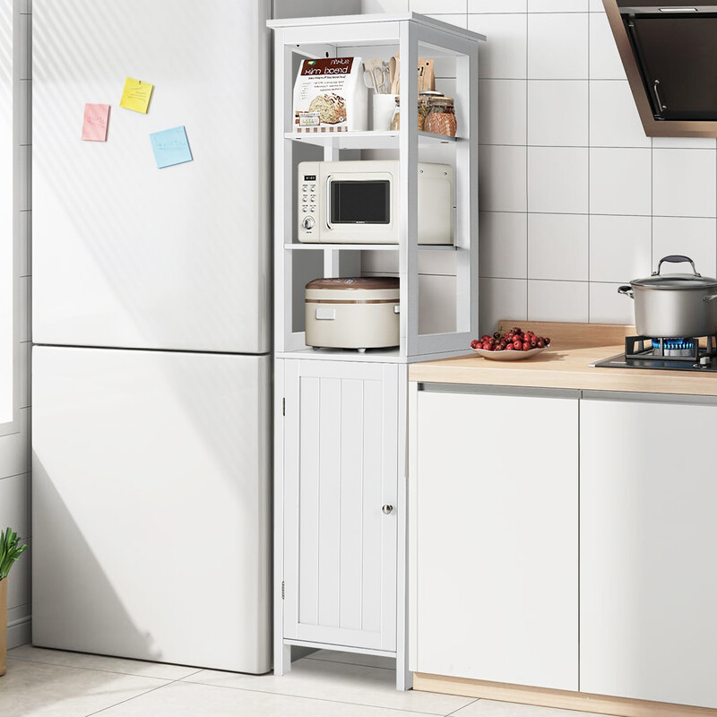 Vit smal högskåp med 5 hyllor och 3-positioners förvaring för hemmet