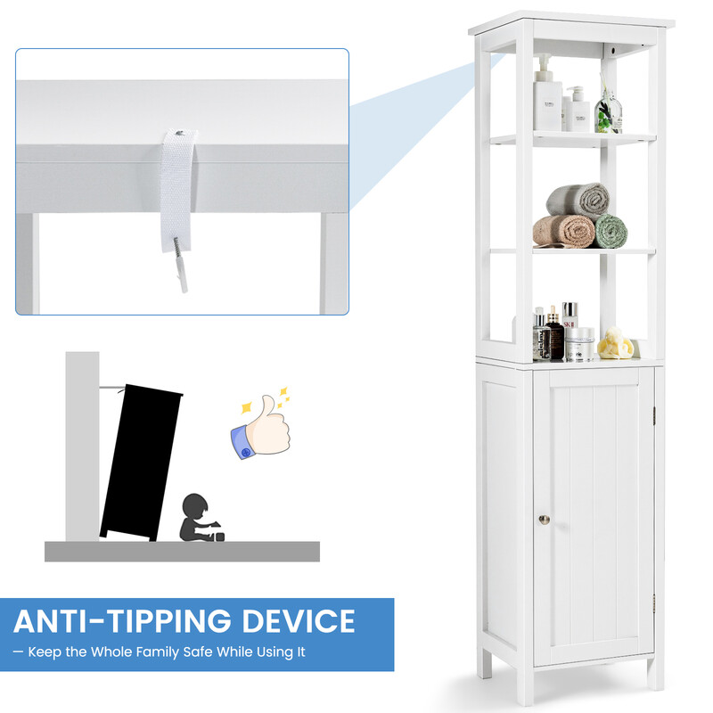 Vit smal högskåp med 5 hyllor och 3-positioners förvaring för hemmet