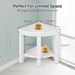 Hörnduschpall med förvaringshylla i vit HDPE-plast, halkfri och platsbesparande design