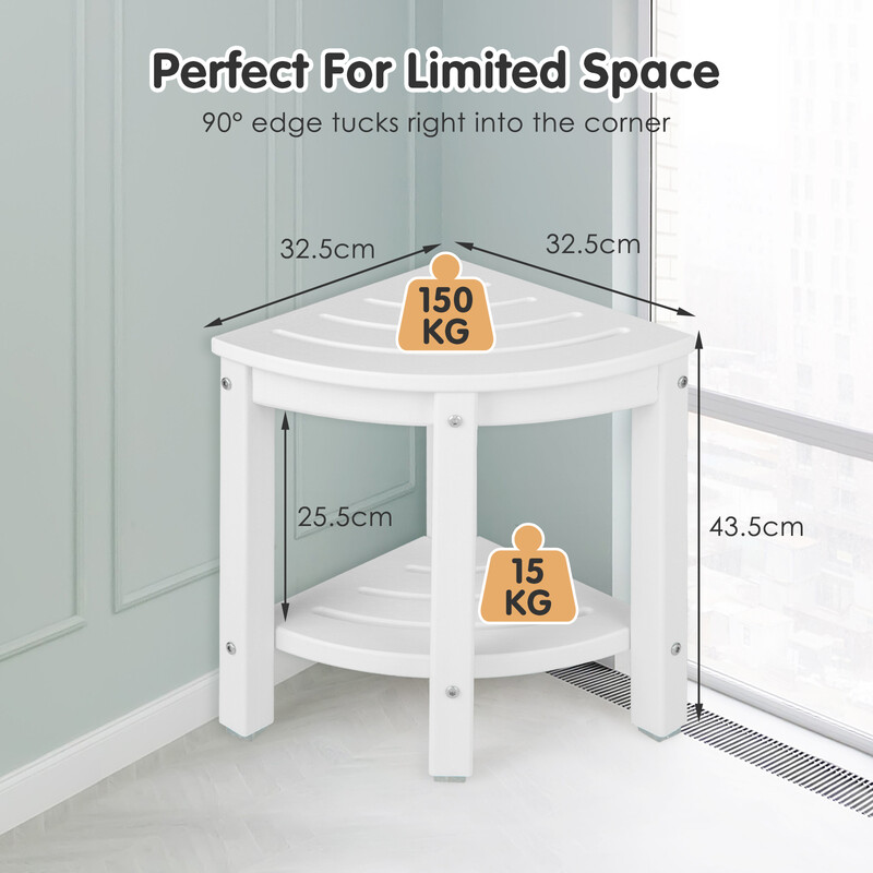 Hörnduschpall med förvaringshylla i vit HDPE-plast, halkfri och platsbesparande design