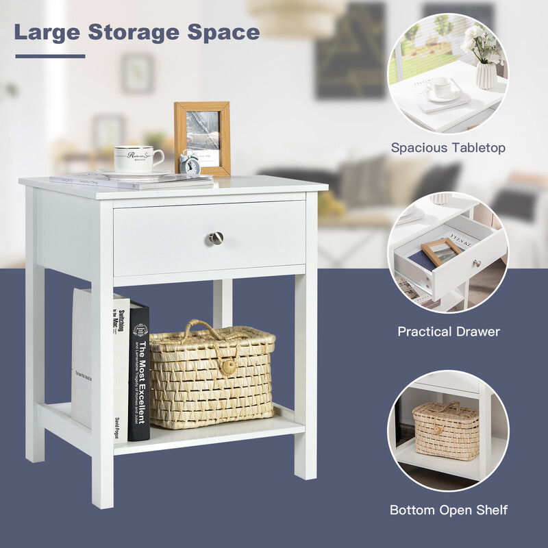 2-pack vita sängbord med låda och hylla för sovrum eller vardagsrum