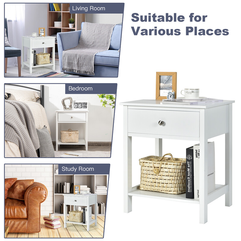 2-pack vita sängbord med låda och hylla för sovrum eller vardagsrum