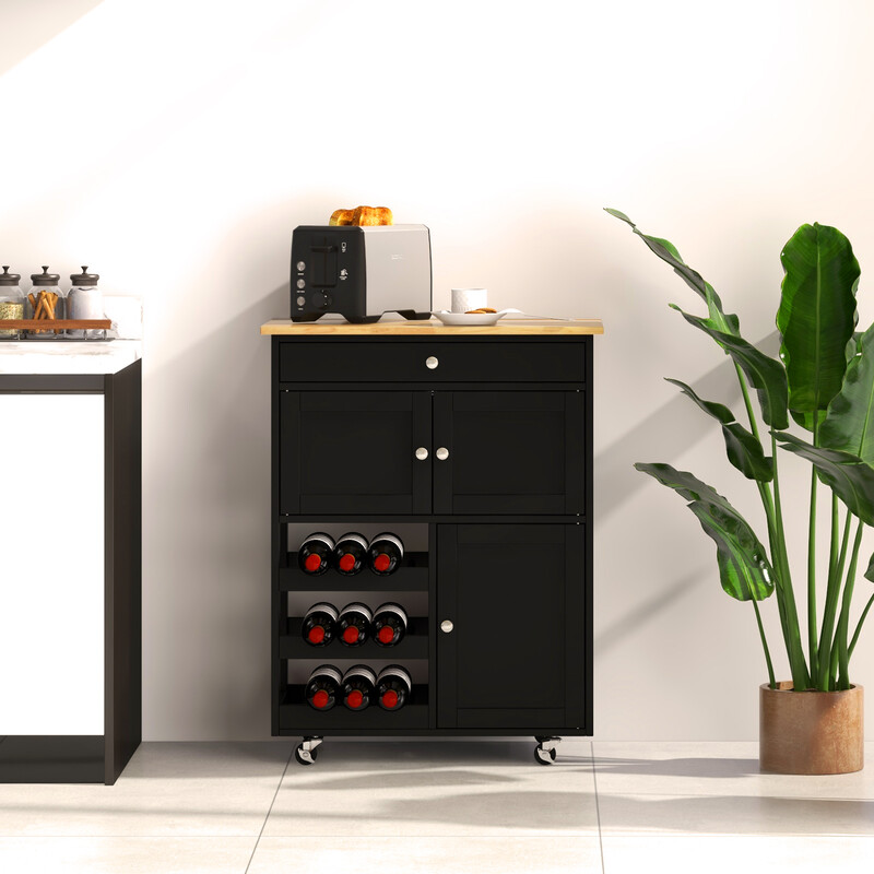 Svart köksvagn med gummiträskiva och förvaringsutrymme, 67 x 37 x 86,5 cm