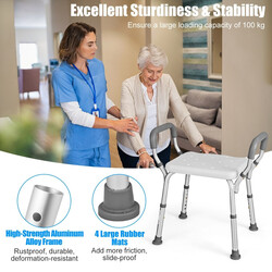 Höj- och sänkbar duschpall i aluminium med armstöd och halkfria gummifötter