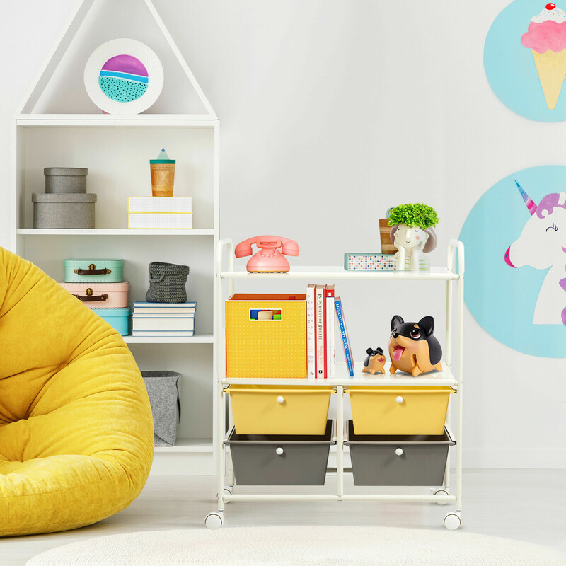 Rullvagn med 4 stapelbara lådor och metallram i färgglad design för hem och kontor