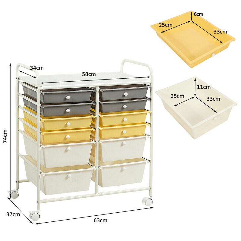 Rullvagn med 12 stapelbara lådor och metallram i gult för flexibel förvaring
