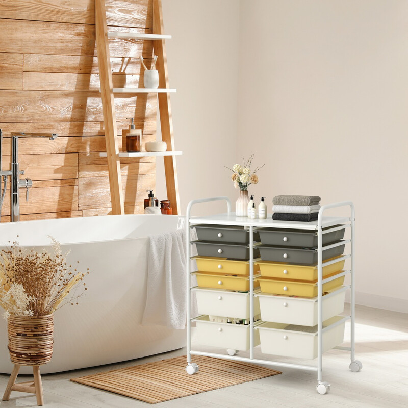 Rullvagn med 12 stapelbara lådor och metallram i gult för flexibel förvaring