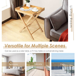 Hopfällbart sidobord i bambu med avtagbar bricka och rostfria handtag