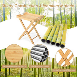 Hopfällbart sidobord i bambu med avtagbar bricka och rostfria handtag