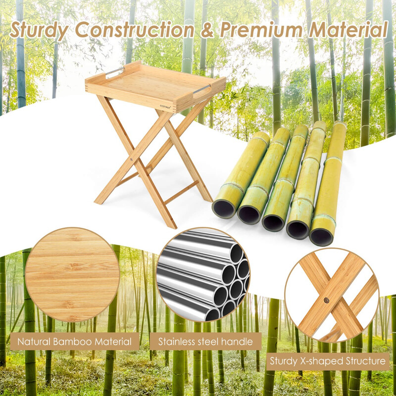 Hopfällbart sidobord i bambu med avtagbar bricka och rostfria handtag