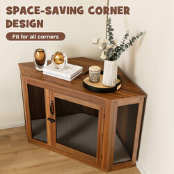 Hörnhus för husdjur med galler och kudde, sidobord i brun trädesign