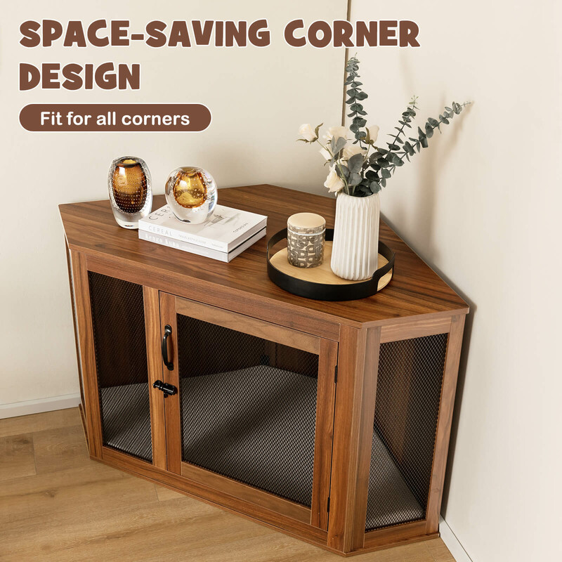 Hörnhus för husdjur med galler och kudde, sidobord i brun trädesign