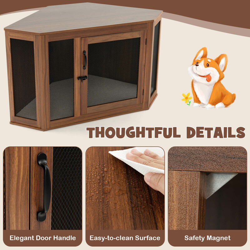 Hörnhus för husdjur med galler och kudde, sidobord i brun trädesign