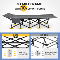 Hopfällbar campingsäng med sidoficka, grå, bärkapacitet 204 kg, ergonomiskt huvudstöd