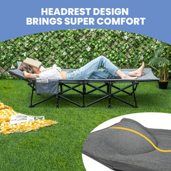 Hopfällbar campingsäng med sidoficka, grå, bärkapacitet 204 kg, ergonomiskt huvudstöd