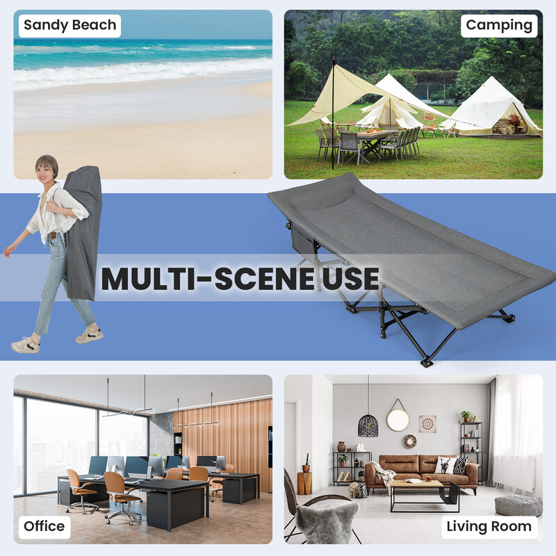 Hopfällbar campingsäng med sidoficka, grå, bärkapacitet 204 kg, ergonomiskt huvudstöd