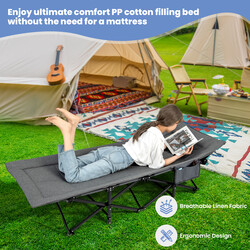 Hopfällbar campingsäng med sidoficka, grå, bärkapacitet 204 kg, ergonomiskt huvudstöd
