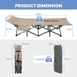 Hopfällbar campingsäng med sidoficka och hög bärkapacitet för utomhusbruk i khaki