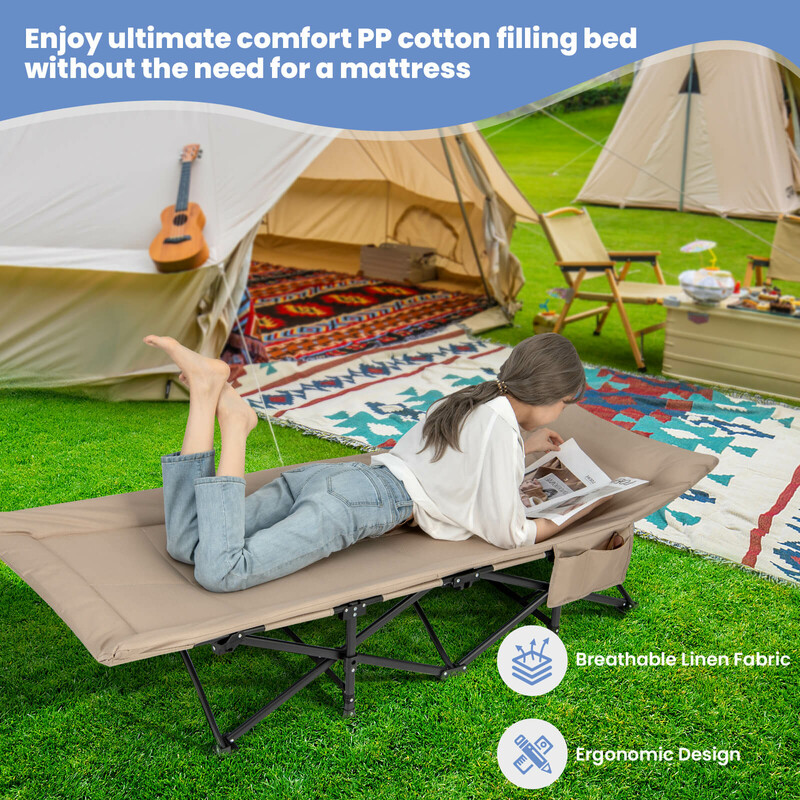 Hopfällbar campingsäng med sidoficka och hög bärkapacitet för utomhusbruk i khaki
